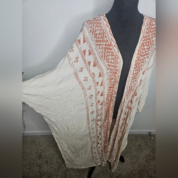 Free People Western Southwestern Aztec Print Flowy Bohemian Cream & Rust Kimono - Picture 3 of 9